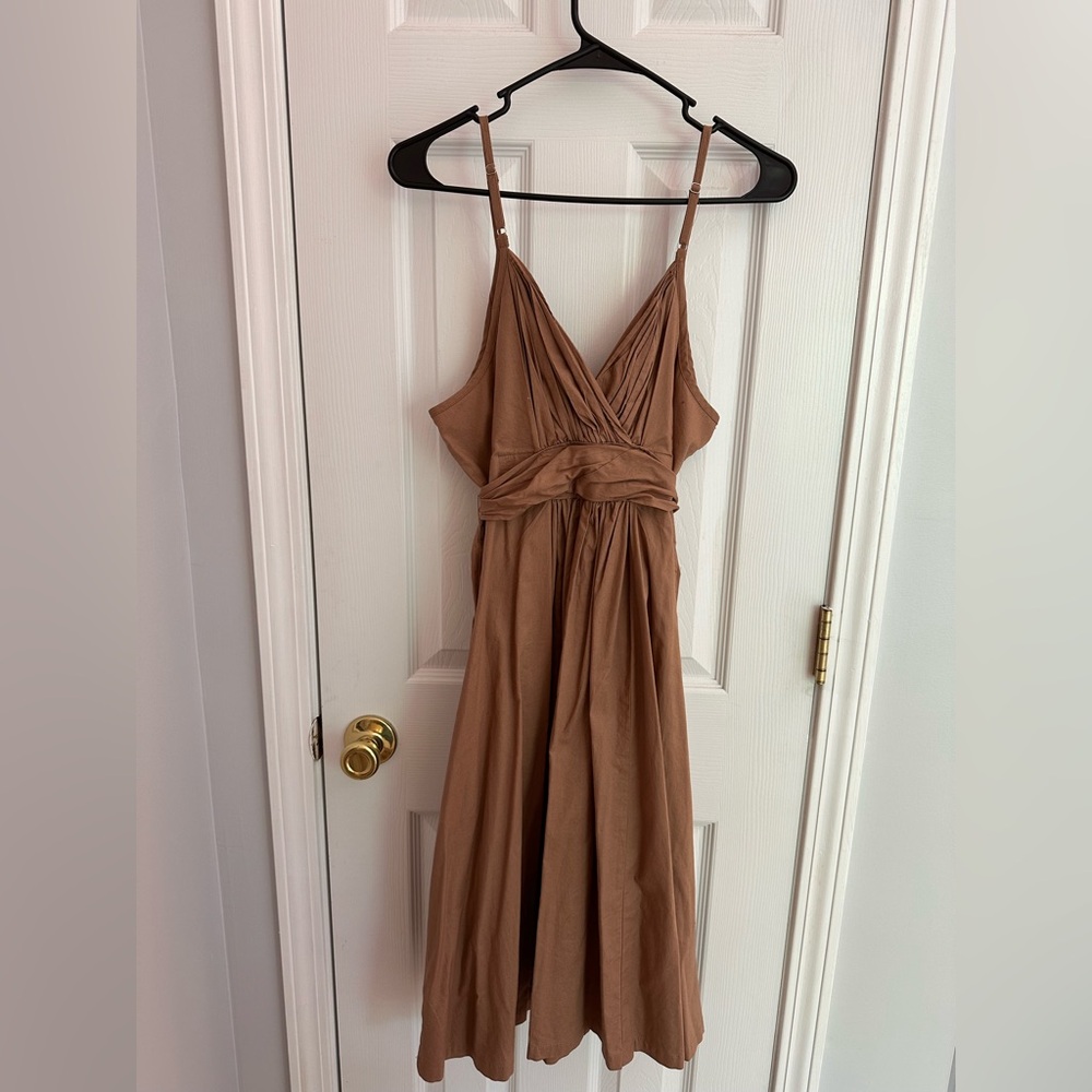 Gap Women’s 12 Petite Midi Tan Dress Pockets 100% Cotton - Picture 7 of 11